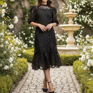 # A095   N BY NANCY  Romantic  Black Puff Sleeve Crochet Lace Dress  NWT  L